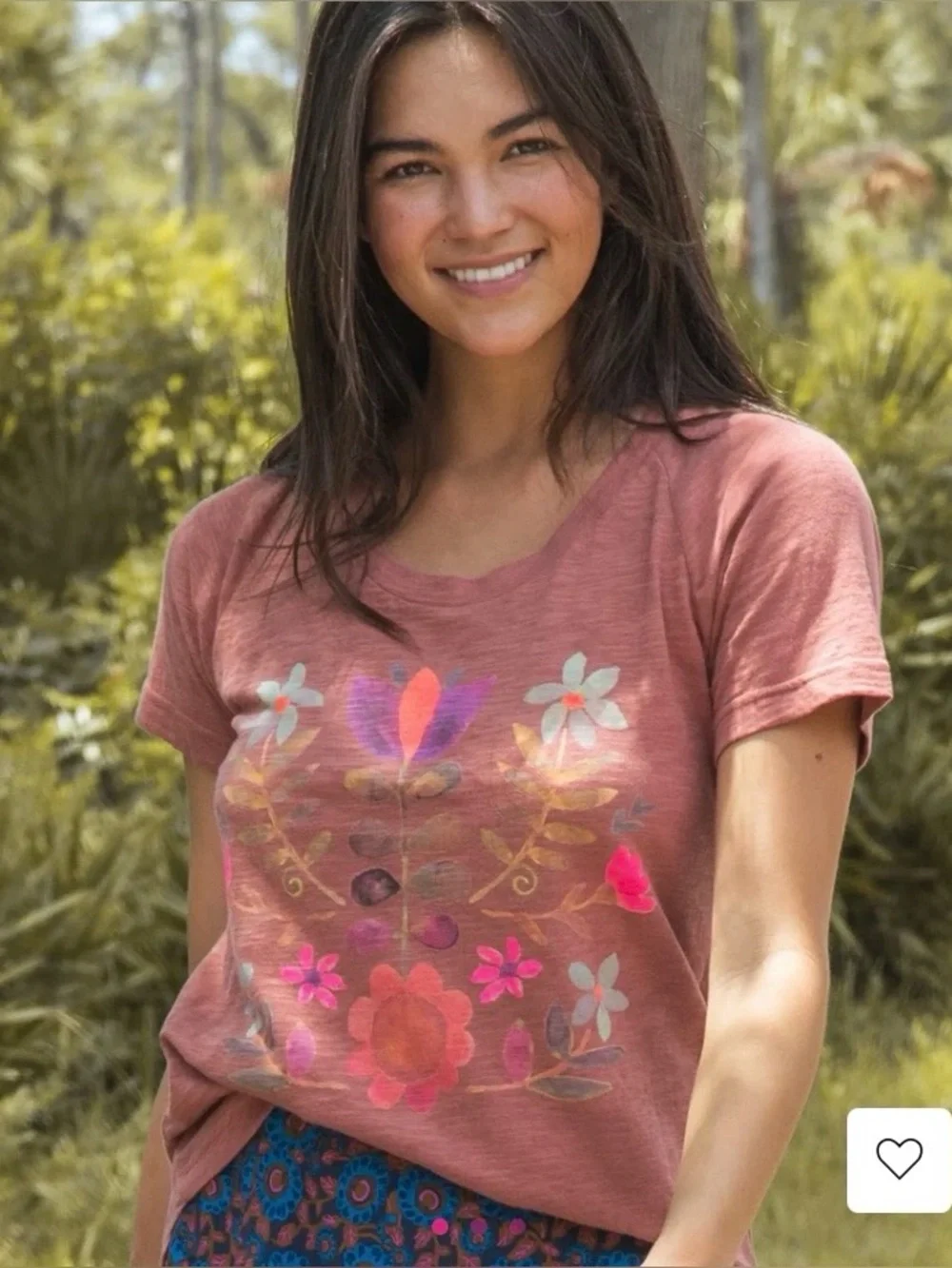 NATURAL LIFE Boho Cotton Tee Shirt - Rust, Folk Flower, Size Medium - Picture 2 of 6